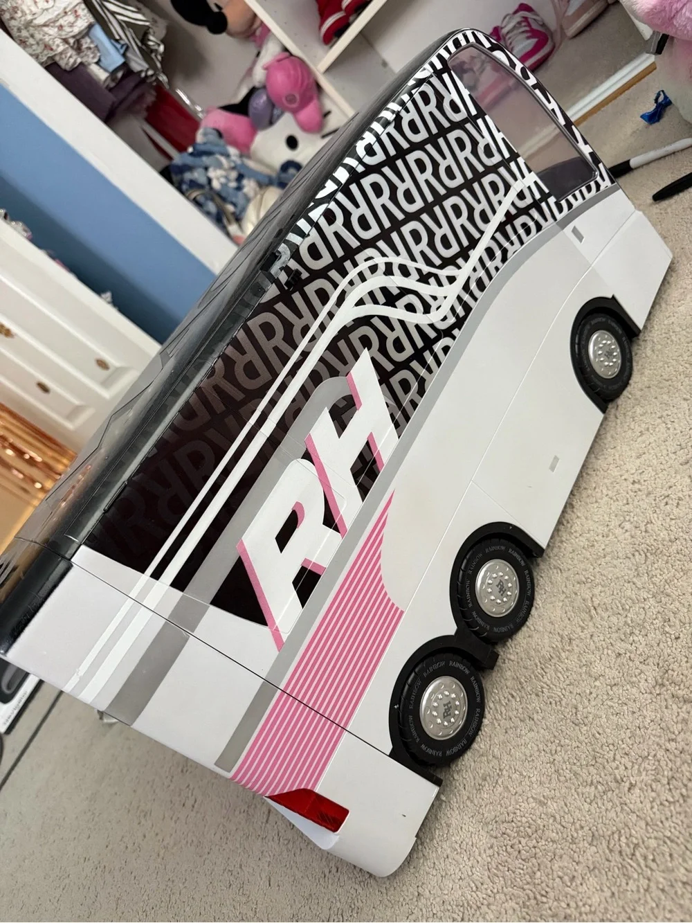 RH-Branded Kids Toy Tour Bus in White, Black & Pink